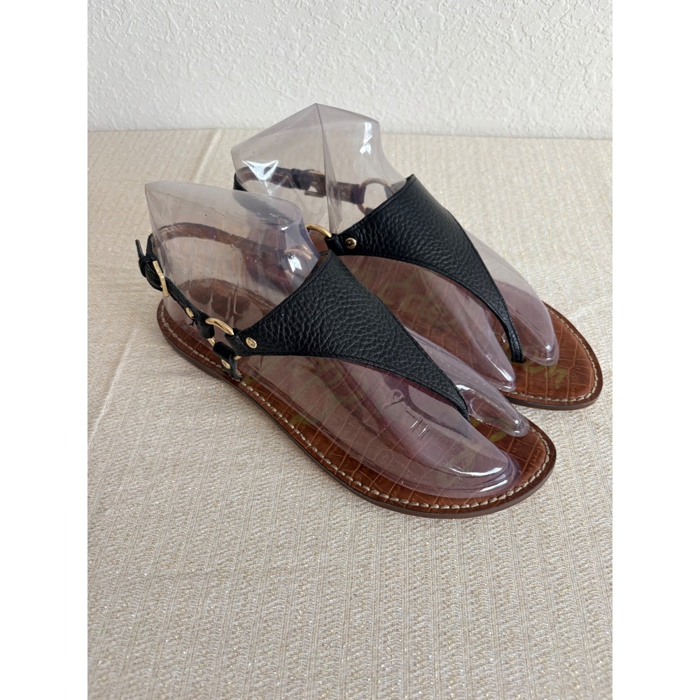 Sam Edelman Gigi Thong Sandal 8.5 Black Excellent Leather Gold Hardware Flat